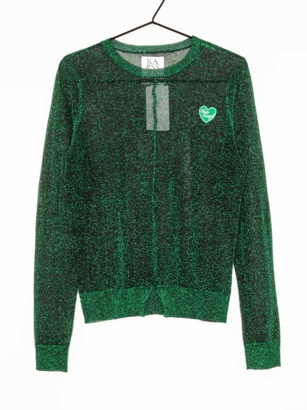 Zoe Karssen Sheer Metallic Long Sleeve Sweater with Never Enough Heart Patch